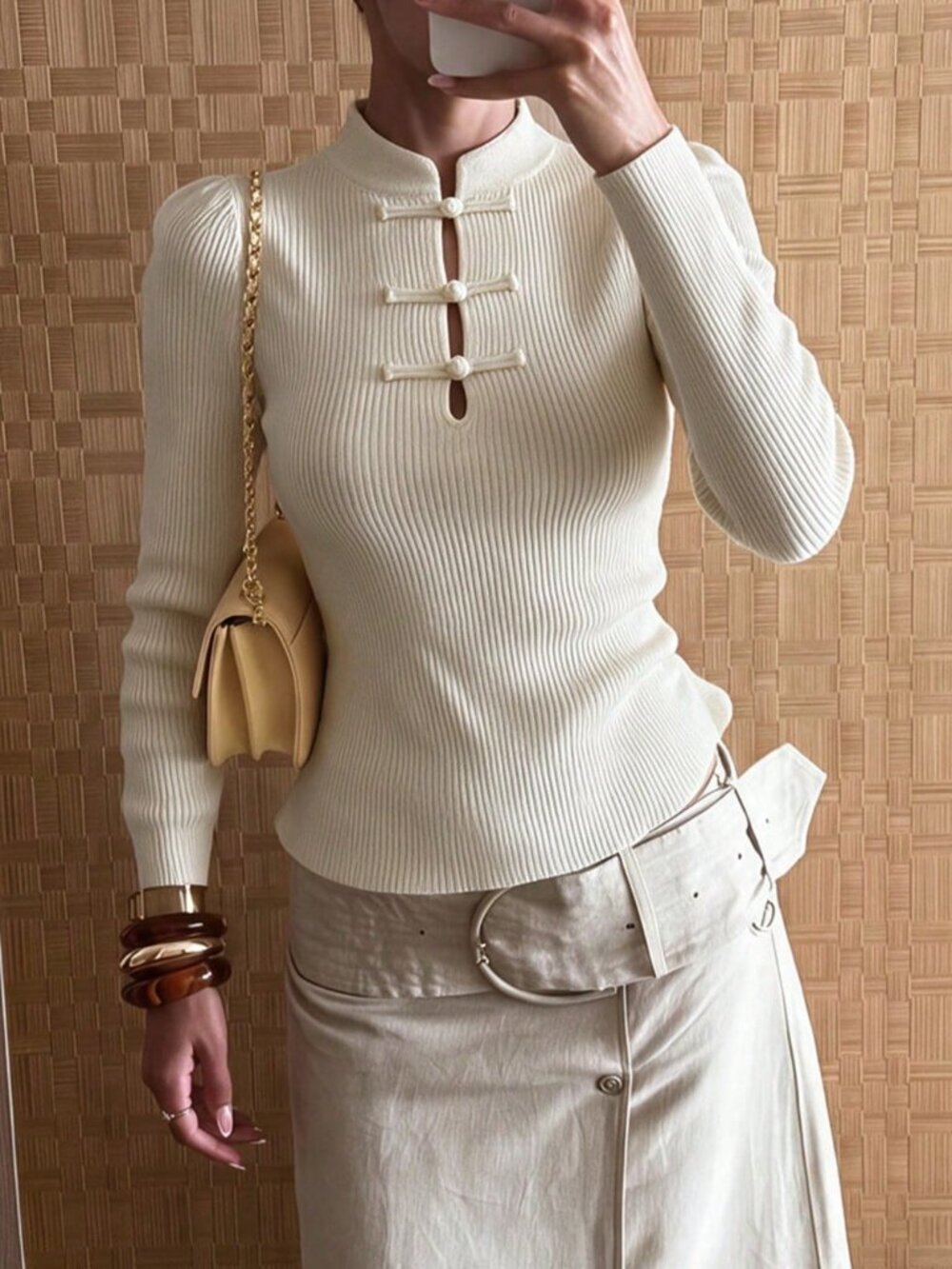 White Casual Women's Hollow Out Long Sleeve Slim Fit Ribbed Knit Sweater Top